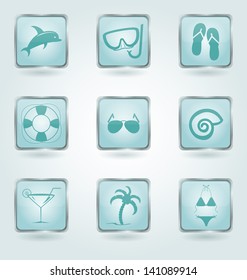 Set of 9 square buttons with vacation and beachfront icons. Vector illustration.