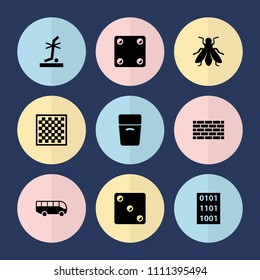 Set of 9 square filled icons such as fly, no standing nearby, binary code, airport bus, dice, chess board, box