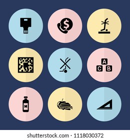 Set of 9 square filled icons such as ruler, qr code, sandwich and apple, no standing nearby, camera, bank support, abc cube