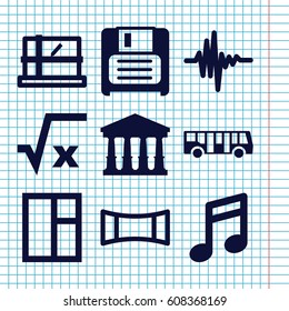 Set of 9 square filled icons such as airport bus, court, parcel, window, diskette, music equalizer, panorama mode, square root