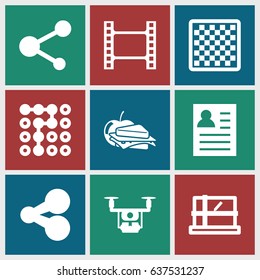 set of 9 square filled icons such as parcel, sandwich and apple, share, labyrinth, medical drone, movie tape, chess board
