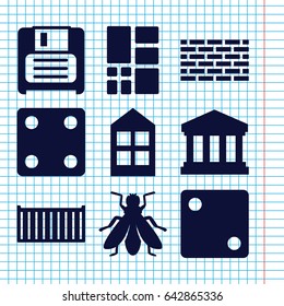 Set of 9 square filled icons such as fly, window, dice, cargo box, diskette, grid, court building