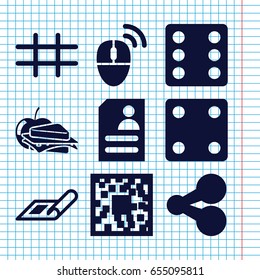 Set of 9 square filled icons such as plan, dice, sandwich and apple, resume, grid, computer mouse, share