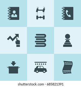 Set of 9 square filled icons such as address book, car chassis, car wash, package, towels, chart, towel