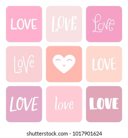Set of 9 square stickers. Valentine's Day Love message card. Modern graphic style with pastel palette. Trendy hipsters elements. Simple print bages. Pink colorful swatch. Isolated vector illustration.