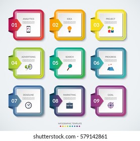 Set of 9 square templates for infographics. Colorful vector banners. Can be used for workflow layout, report, number and step options, web design.