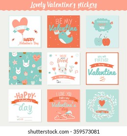 Set of 9 square Valentines day gift tags and journaling cards templates. Romantic and beauty posters set. Lovely invitations with cartoon and character style illustrations with romantic typography
