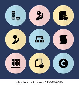 Set of 9 stack filled icons such as paper and apple, coin, coin on hand, object move, binder