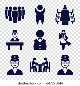 Set of 9 staff filled icons such as maid, doctor, meeting, waiter, group