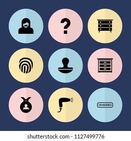 Set of 9 stamp filled icons such as nightstand, hair dryer, medal, fingerprint, question, censored woman, censored