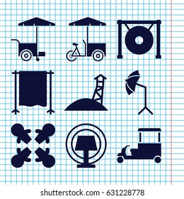 Set of 9 stand filled icons such as fast food cart, gong, studio umbrella, studio curtain, table lamp, observation military tower