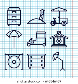 Set of 9 stand outline icons such as gong, nightstand, fast food cart, studio umbrella