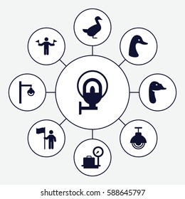 Set of 9 standing filled icons such as goose, man with flags, lugagge weight, street lamp