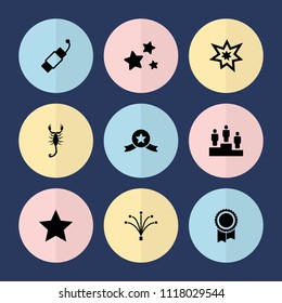 Set of 9 star filled icons such as scorpion, firework, fireworks, star, ranking, medal with star