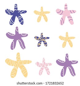 Set of 9 starfish of different sizes. Cute, funny, baby stars in different colors with patterns. For print on children's clothing, stickers, albums, decoration of toys. Vector graphics.