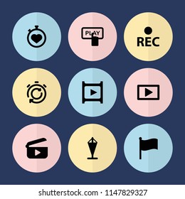 Set of 9 start filled icons such as finger pressing play button, stopwatch, rec, play