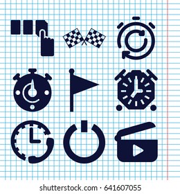Set of 9 start filled icons such as push button, finish flag, switch off, play, stopwatch