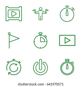  set of 9 start outline icons such as man with flags, play, switch off, stopwatch