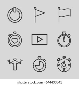 Set of 9 start outline icons such as man with flags, stopwatch, play, switch off
