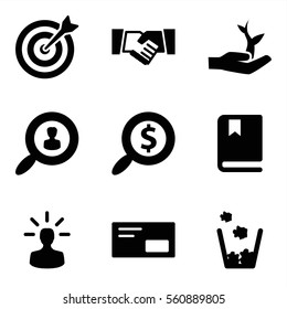 Set of 9 Startup Filled icons such as target, user search, user bulb, handshake, search dollar, envelop, plant on hand, book, trash bin