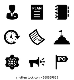 Set of 9 Startup Filled icons such as businessman, time, globe in gear, plan, document, megaphone, notebook, pyramid flag, direction