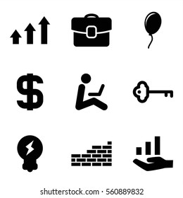 Set of 9 Startup Filled icons such as graph, dollar, bulb, case, man sitting with laptop, brick wall, balloon, key, graph on hand