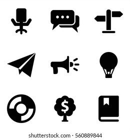 Set of 9 Startup Filled icons such as office chair, paper plane, lifebuoy, chat, megaphone, money tree, direction, air balloon, book