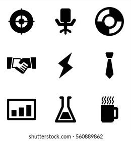 Set of 9 Startup Filled icons such as target, handshake, graph, office chair, flash, test tube, lifebuoy, tie, mug