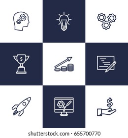 Set Of 9 Startup Outline Icons Set.Collection Of Development, Achievement, Startup And Other Elements.