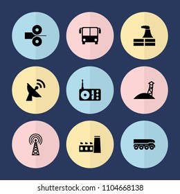 Set of 9 station filled icons such as airport bus, factory, radio, satellite, paper press, weapon truck, observation military tower