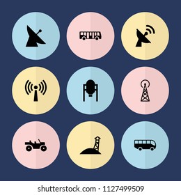 Set of 9 station filled icons such as tank, signal tower, satellite, airport bus, weapon truck
