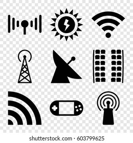 Set of 9 station filled icons such as signal tower, satellite, plane seats, signal, portable console, wi-fi
