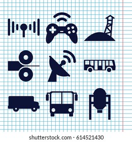 Set of 9 station filled icons such as tank, airport bus, signal, satellite, joystick, paper press, observation military tower