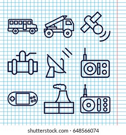 Set of 9 station outline icons such as factory, pump, radio, portable console, satellite, truck rocket