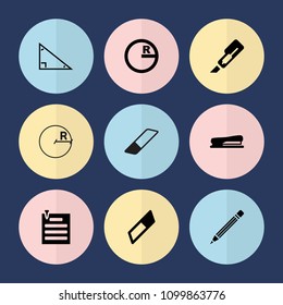 Set of 9 stationery filled icons such as cutter, circle, eraser, stapler, paper pin, triangle