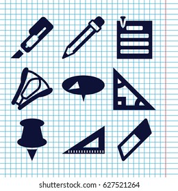Set of 9 stationery filled icons such as cutter, ruler, pencil, stapler, paper pin, pin, triangle
