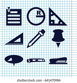 Set of 9 stationery filled icons such as ruler, pencil, cutter, stapler, paper pin, pin, triangle