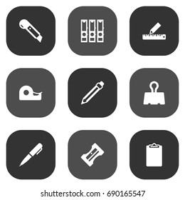 Set Of 9 Stationery Icons Set.Collection Of Pencil, Paper  Clamp, Ink And Other Elements.