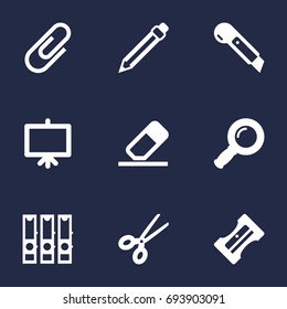 Set Of 9 Stationery Icons Set.Collection Of Rubber, Supplies, Zoom Glasses And Other Elements.