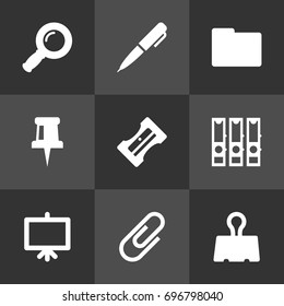 Set Of 9 Stationery Icons Set.Collection Of Zoom Glasses, Folder, Pushpin And Other Elements.
