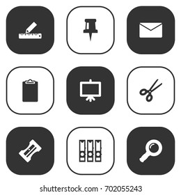 Set Of 9 Stationery Icons Set.Collection Of Whiteboard, Mail, Supplies And Other Elements.