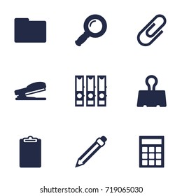 Set Of 9 Stationery Icons Set.Collection Of Zoom Glasses, Calculate, Puncher And Other Elements.