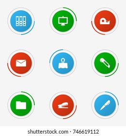 Set Of 9 Stationery Icons Set.Collection Of Whiteboard, Mail, Ink And Other Elements.