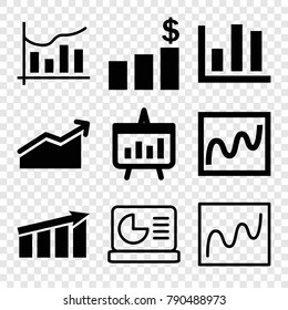 Set of 9 statistic filled and outline icons such as chart, money chart