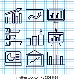 Set of 9 statistic outline icons such as graph, chart, chart on display, money chart