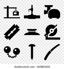 Set of 9 steel filled icons such as razor, nail, circular saw, gardening knife, water pipe, construction  crane, meat grinder, wire fence