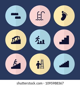 Set of 9 step filled icons such as foot print, stair, man climbing stairs, man going up, stairs, man with ladder, building block