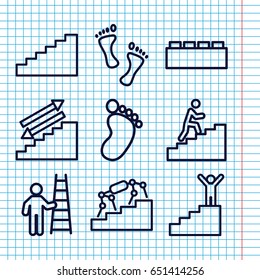 Set of 9 step outline icons such as foot print, man climbing stairs, foot, stairs, man on stairs, man with ladder