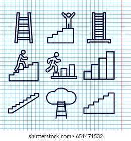 Set of 9 step outline icons such as ladder, stairs, stair, man climbing stairs, man going up, man on stairs