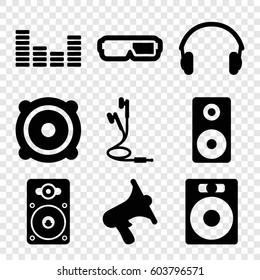 Set of 9 stereo filled icons such as volume, speaker, equalizer, loudspeaker, earphones